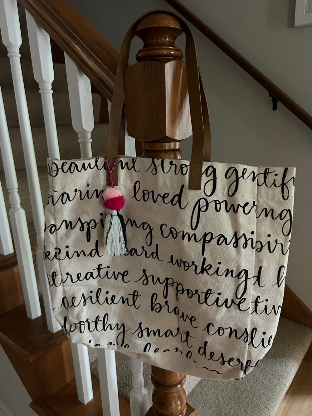 Positive Script Print Canvas Tote with Pom-Pom Charm - Cream/Black